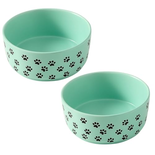 UBEE 6.5 inch Dog Bowls Set of 2, Ceramic Dog Food Water Bowl Dish with Paw Pattern, Pet Food Water Dishes Feeding for Small and Meidum Dogs and Large Cat, Green - color: Green-paw, size: 6.5 inch x 2