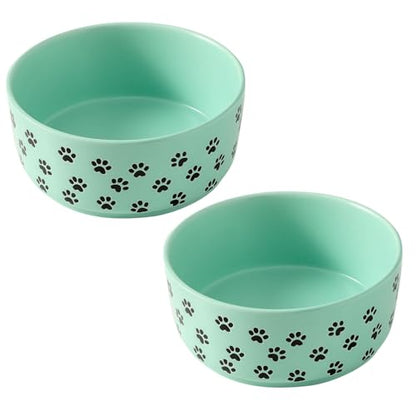 UBEE 6.5 inch Dog Bowls Set of 2, Ceramic Dog Food Water Bowl Dish with Paw Pattern, Pet Food Water Dishes Feeding for Small and Meidum Dogs and Large Cat, Green - color: Green-paw, size: 6.5 inch x 2