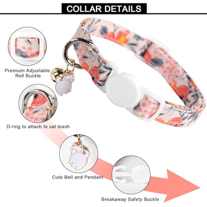Unique style paws 2 Pack Kitten Collar Breakaway with Bell & Pendant, Adjustable Safety Cat Cotton Collars for Girl Boy Cats and Small Pets - color: blue & pink flower