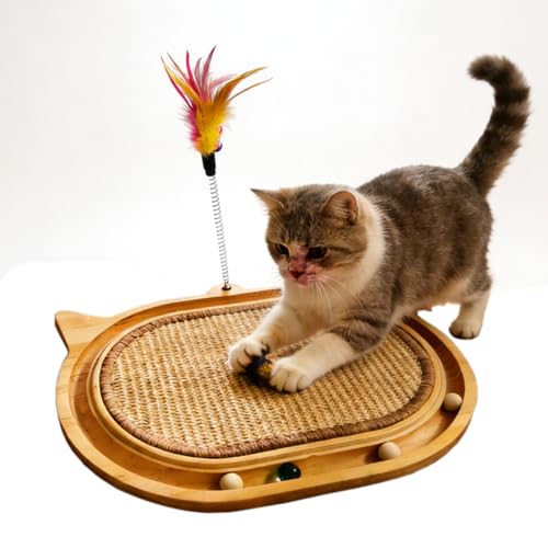 Sisal Cat Scratcher Toy with Ball Track Feather and Ball, Wooden Interactive Toy for Indoor Cats, Scratch Pad,Kitten Toys for Chasing Hunting Physical Exercise(12.9 * 17.4in