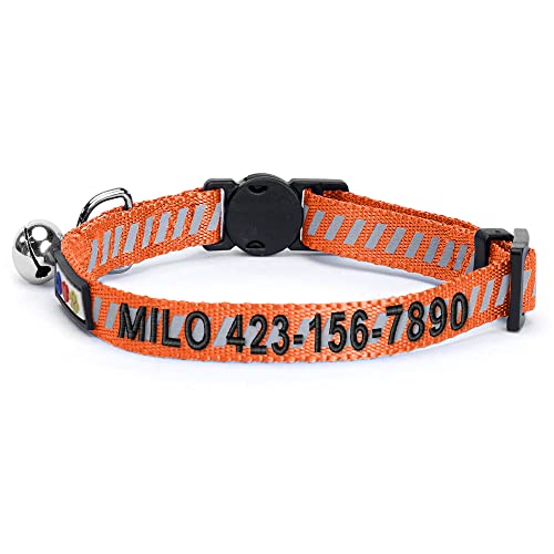 Pawtitas Personalized Orange Reflective Cat Collar – Adjustable Custom Collar with Safety Buckle, Removable Bell, and Engraved Name & Phone Number for Kittens and Adult Cats - color: Personalized Orange