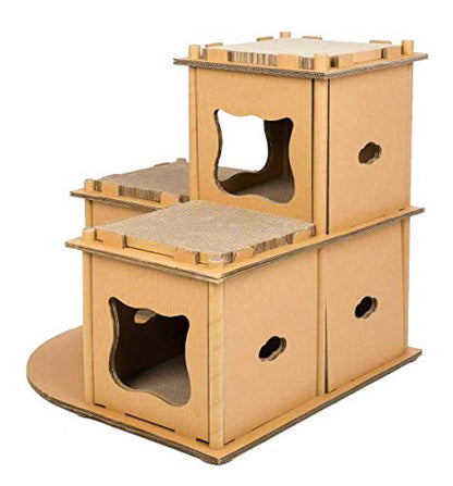 PETIQUE Feline Fortress Cat House: Eco-Friendly, Cat-Shaped Entrances, Fish-Shaped Handles, 7 Reversible Scratchboards, Lightweight, Easy Assembly, Sustainable, Compostable, Supports UP to 30LBS - style: Feline Fortress