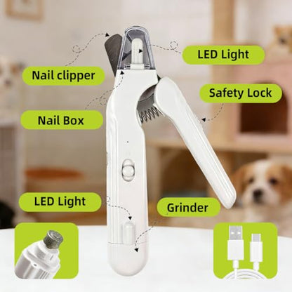 2 in 1 Dog Nail Clippers and Grinder with 2 LED Light, Cat Nail Trimmer with Safety Guard, Avoid Overcutting & Splashing, Painless Quiet Pet Nail File, Professional Grooming Tool for Large Small Pets