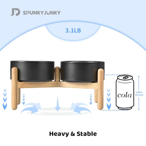 SPUNKYJUNKY Ceramics Raised Dog Bowls with Wooden Stand - Elevated Dog Feeding Set (Double 28.7OZ, Black) - color: Black(Double Bowls Set), size: Medium - 3.6 CUPS