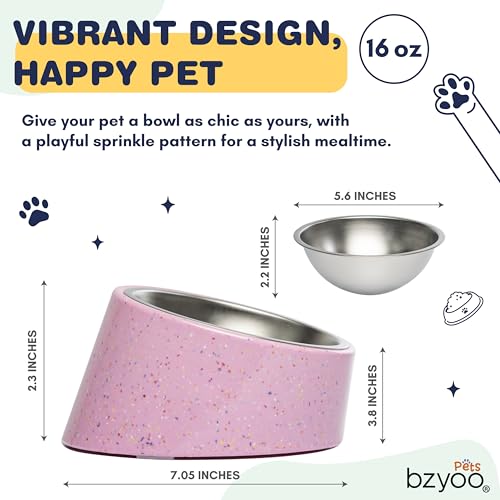 bzyoo 16oz Tilted Dog Bowl for Small Dogs & Cats, 15° Elevated Stainless Steel Pet Feeder, Ergonomic Anti-Vomiting Food Bowl for Frenchie, Pug, Persian Cat, Non-Skid Melamine Stand, Sprinkle (Pink) - color: Pink