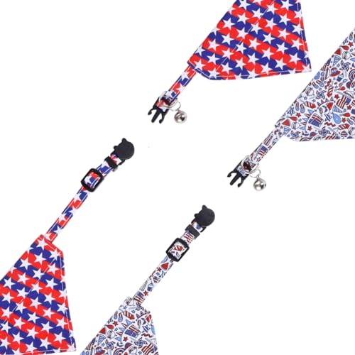 American Flag Cat Collar with Bell Bandana Star Adjustable 4th of July Breakaway Kitten for Independence Day - color: 4th of July-2-bandana