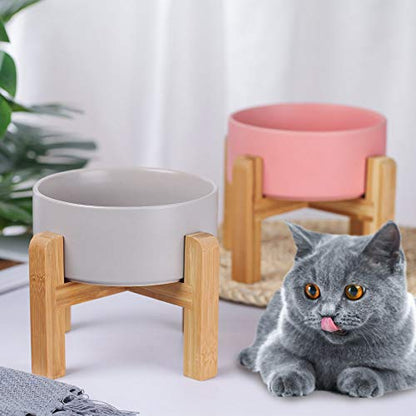 Ceramic Elevated Raised Cat Bowl with Wood Stand No Spill Pet Food Water Feeder Cats Small Dogs - color: Grey, size: Medium Dog Bowls 850ML*1