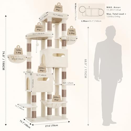 Heybly Cat Tree, 74.8-Inch Spacious & Tall Cat Tower for Large Cats, Cat Furniture with Large Top Perch, Solid Base, 2 Cat Condos, Hanging Hammock, Durable Sisal Scratching Posts, Beige HCT062MJ - color: Beige New