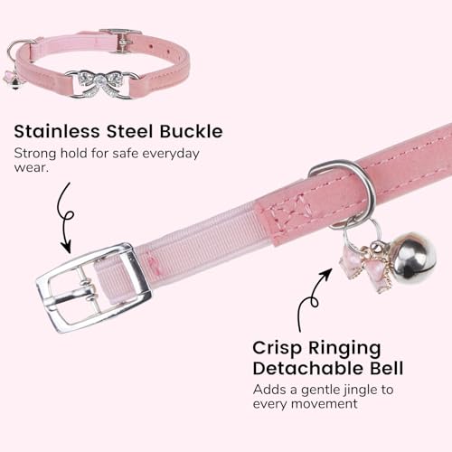 BINGPET Bling Cat Collar with Bells and Safety Belt,Adjustable Soft Velvet Kitten Collar with Diamond Bow,Cute Pink Cat Collars for Girl Cats(Pink, Neck Girth 8"-10") - color: Pink(Bowknot), size: Neck Girth 8"-10"