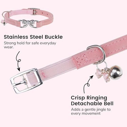 BINGPET Bling Cat Collar with Bells and Safety Belt,Adjustable Soft Velvet Kitten Collar with Diamond Bow,Cute Pink Cat Collars for Girl Cats(Pink, Neck Girth 8"-10") - color: Pink(Bowknot), size: Neck Girth 8"-10"