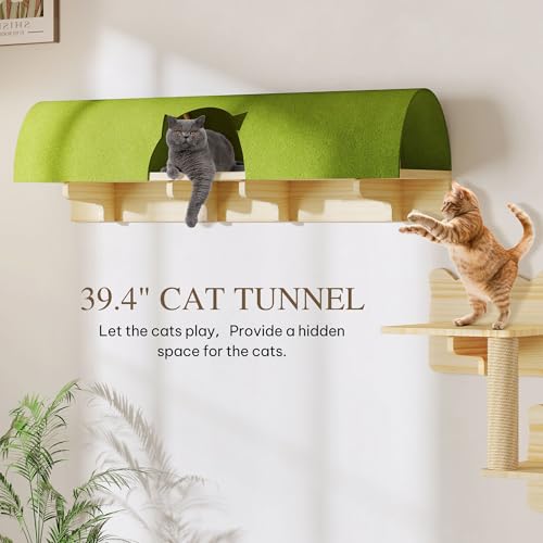 Cat Wall Shelves with Tunnel, 7-in-1 Solid Wood Wall Mounted Cat Furniture with Scratching Post, Cave & Steps, Multi-Level Cat Climbing Wall Systems, Space Saving, Floating Cat Shelves - color: Burlywood, size: 7-in-1