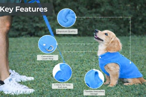 JACKO & CO - Fleece Vest Dog Sweater with Leash Ring - Soft, Warm & Lightweight Pullover Coat for Small & Medium Dogs, Puppies & Cats - Cozy Fall/Winter/Spring Pet Jacket (Blue, Small 4-6lbs) - color: Blue, size: S (4-6lbs)