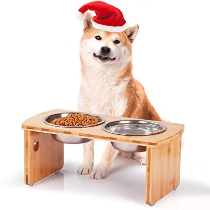 Elevated Dog Bowls, Bamboo Raised Dog Bowl for Medium Dogs, with 2 Stainless Steel Bowls (7'' Tall-40 oz Bowl) - color: Natural, size: Medium: 7'' Tall-40oz Bowl