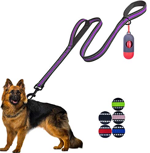 JSXD Heavy Duty Double Handle Dog Leash - 5 FT with Comfortable Padded and Reflective Rope, for Small to Large Dogs (Wide-Purple) - color: Wide-Purple
