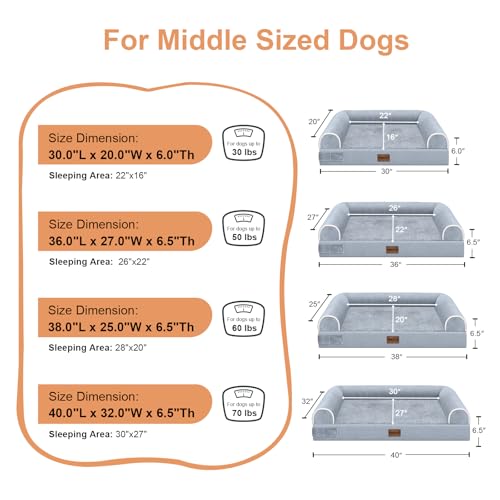 Medium Large Dog Bed Orthopedic Washable: Beds Bolster Medium Large Sized Dog Bed Egg Crate Foam Couch Sofa Waterproof with Removable Cover - color: Light Grey, size: 30.0"L x 20.0"W x 6.0"Th