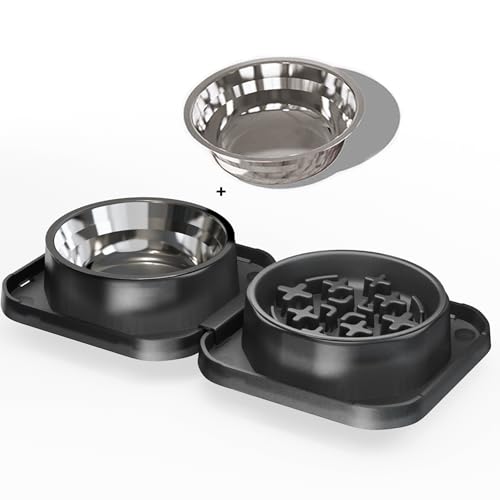 Set of 2 Stainless Steel Dog Food and Water Bowl with Puzzle Dish, Freely Combinable Feeding Set for Dogs Cats, Spill Proof Neater Dog Bowls, Pet Feeder Bowl for Puppy Small Breeds - size: 2-Pack