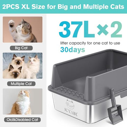 2PACK Stainless Steel Cat Litter Box with High Sides Lid, Extra Large XL Litter Box for Big Cats, Metal Kitty Litter Boxes with Anti-Leakage Enclosure,Non-Stick,Odorless,Scoop Included - color: 2PK-Dark Grey