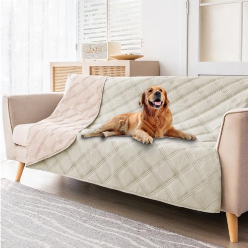 fuguitex Waterproof Dog Blanket Reversible for Small Dogs Resistant Leakproof Washable Couch Cushion Bed Protector Cover for Indoor Furniture Pet Friendly（52"*82",Baby Pink+Cream - color: Baby Pink+cream, size: 52"*82"