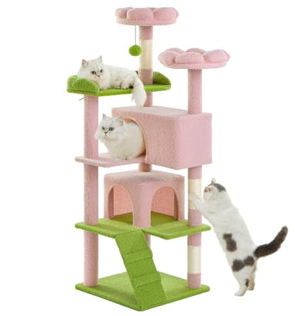 Made4Pets Cat Tree Tower 56" Cat Tower for Indoor Cats Kitten Tree Multi-Level Cat Tree with 2 Condo Furniture Activity Center with Scratching Posts Funny Toys (Pink Flower Green) - color: Pink Flower Green