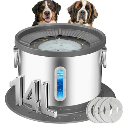 UPSKY 14L No Spill Dog Water Bowl, Stainless Steel Spill Proof Dog Bowl with Water Window, Dual-Suction Anti-Slip Large Capacity Slow Drinking Bowl with Floating Disk for Large Dogs & Messy Drinkers - color: Grey