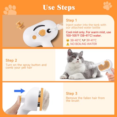 3-in-1 Pet Steam Brush Set for Dogs & Cats, Grooming Comb with Spray, Defur Tool, Water-Assisted Hair Removal, Gentle Cat & Dog Spritz Brush, Multi-Purpose Steam Grooming Kit - size: 7.8″-10ML