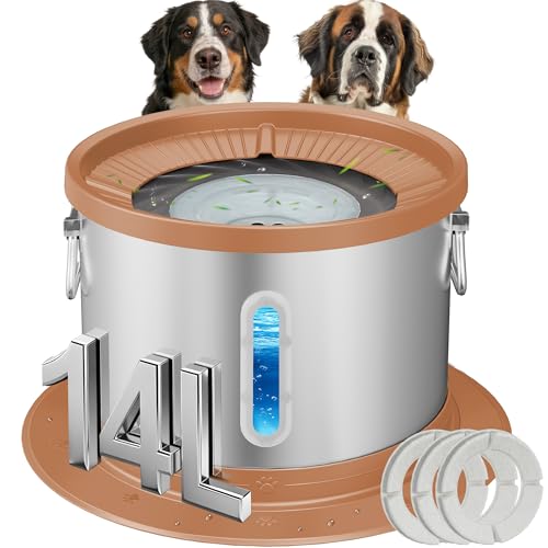 UPSKY 14L No Spill Dog Water Bowl, Stainless Steel Spill Proof Dog Bowl with Water Window, Dual-Suction Anti-Slip Large Capacity Slow Drinking Bowl with Floating Disk for Large Dogs & Messy Drinkers - color: Pink
