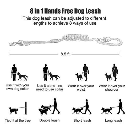 Hands Free Dog Leash(8.5ft), 8 in 1 Multifunction Nylon Double Leash for Dogs,1.2cm Adjustable Waist with Reflective Stitching for Training -Grey - color: Grey