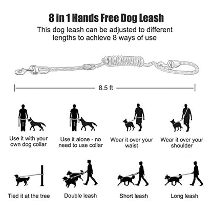 Hands Free Dog Leash(8.5ft), 8 in 1 Multifunction Nylon Double Leash for Dogs,1.2cm Adjustable Waist with Reflective Stitching for Training -Grey - color: Grey