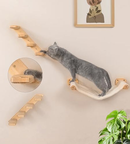 Cat Stairs Hammock Set of 4 – Cat Wall Shelves with 1 Floating Fabric Hammock, 1 Flat Shelf, 2 Wall Ladders with 4 Steps Each - color: 2 Pack 4 Steps & 1 Shelf & 1 Hammock