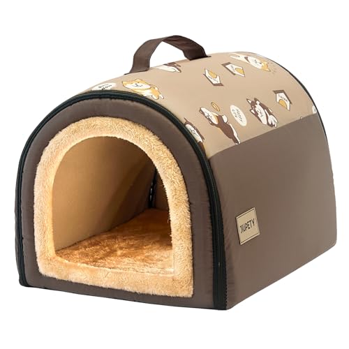Jiupety Cozy Small Pet Dog House, 2 in 1 Puppy House, S Size for Cat and Puppy, Warm Cave Sleeping Nest for Cats and Dogs, S(14"×12"×11"), Up to 5 Lb, Brown - style: S
