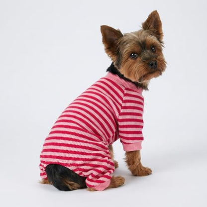 Fitwarm Pink and Red Striped Dog Pajamas, Waffle Dog Clothes for Small Dogs Girl Boy, Puppy Onesie with Feet, Pet Cat Outfit, Large - color: LightPink, size: Large