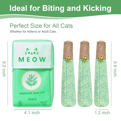 3 Pack Catnip Toys, Interactive Cat Toys for Indoor Cats with Chew Rope & Bell, Fun Kitten Teething Chew and Kicker Toys, Relieve Boredom & Anxiety