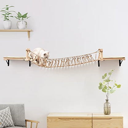 A.FATI Wall-Mounted Cat Roped Bridge Long for Indoor Cats, Cat Wall Shelves for Sleeping, Playing, Climbing, Wooden Cats Bed and Perches with Sisal Scratch Mat