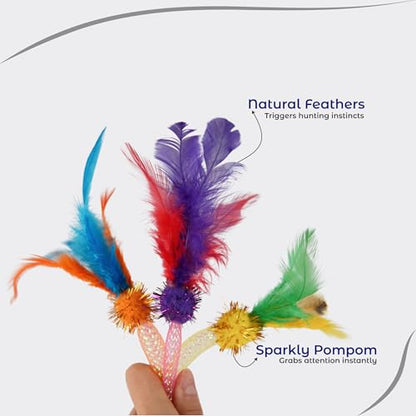 Cat Wand Toy 3 Pack for Cats and Kittens, Feather Wand Cat Teaser with Mesh Tube, Bell and Pom Pom, Interactive Fishing Pole Toy for Indoor Cats