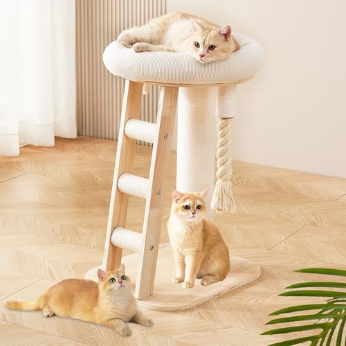 Modern Cat Tree Small Tower with Scratching Post for Indoor, Solid Wood Multifunctional Corner Cat Tree Tower with Bed - color: with Ladder