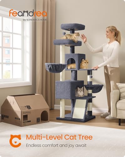 Feandrea Cat Tree, 68.5-Inch Tall Cat Tower, Multi-Level Plush Condo with Large Perch, Scratching Posts, Double Caves, Dark Gray UPCT006G02 - color: Dark Gray