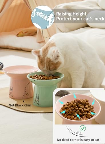 Extra Wide Elevated Ceramic Cat Bowls, 6.5 Inch Raised Pet Bowl Set for Food & Water, Whisker Fatigue Shallow Food Dish for Elder Big Cats Small Dogs, Set of 2, Green & Pink - color: Green & Pink