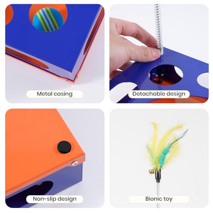 2026 New Metal Cat Scratch Puzzle Enrichment Box,cat Puzzle, 1 Spring-Loaded Colorful Feather Stick with a Bell,No Assembly Required, All Cats Indoor Play Toy - color: Klein Blue