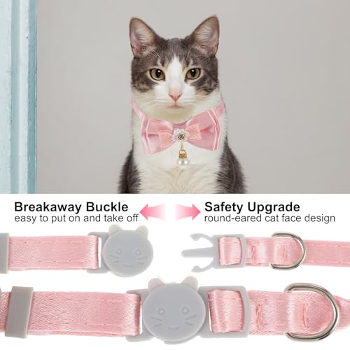 JJUNW Cat Collar Breakaway, Cat Collar with Pearl Pendant Quick Release Safe Buckle Pink Bowtie Adjustable Baby Kitten Collars Cute Cat Collar for Girl Cat (Style1)