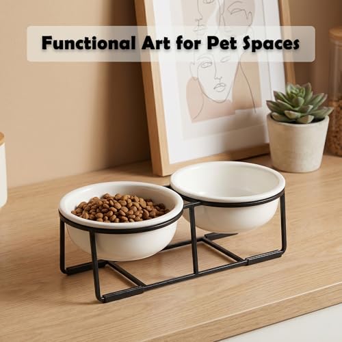 Ceramic Elevated Dog Bowl Set - Double Dog Food and Water Bowls with Metal Stand - Raised Pet Dishes for Puppies and Cats - 2 Cups - 12.5 fl oz - Matte White - color: Matte White, size: S-200ml