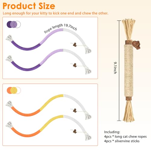 Silvervine Sticks for Cats & Cat Chew Rope - 8Pcs Natural Cat Chew Toy Teeth Cleaning for Bored Indoor Adult Cats, Matatabi Dental Care Kitten Treat Teething Toys, Silver Vine Cat Chew Stick - style: Cat Toys Silvervine Ropes