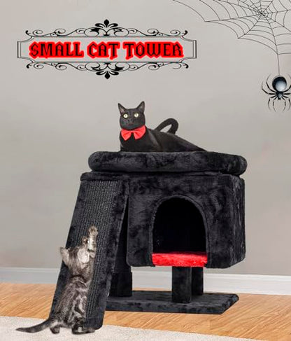 SYANDLVY Gothic Cat Tree with Coffin Bed for Indoor Cats, Cat Tower with Scratching Post, Modern Activity House for Large Cats, Condo with Board, Kittens Cave - color: Black & Red