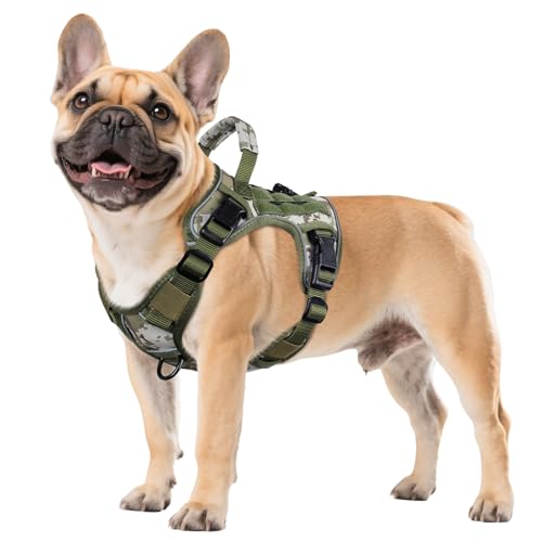 WINGOIN Tactical Dog Harness for Small Dogs, Heavy Duty No Pull Harness with Handle, Adjustable Reflective Military K9 Pet Vest for French Bulldog, Pug, Walking, Hunting, Green Camo (S) - color: Green&Camo, size: S: 15-30 lbs (Chest:20-26",Neck:15-18")