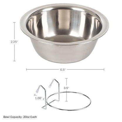 Set of 2 Stainless-Steel Dog Bowls - Cage, Kennel, and Crate Hanging Pet Bowls for Food and Water - 20oz Each and Dishwasher Safe by PETMAKER,Silver - size: 20 oz