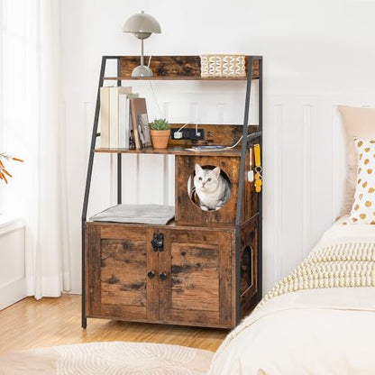 HOOBRO Litter Box Enclosure with 2 Storage Shelves, Tall Litter Box Furniture Hidden with Charging Station, Indoor Hidden Litter Box Furniture with Plush Mat, Rustic Brown and Black BF70UMW01 - color: Rustic Brown + Black