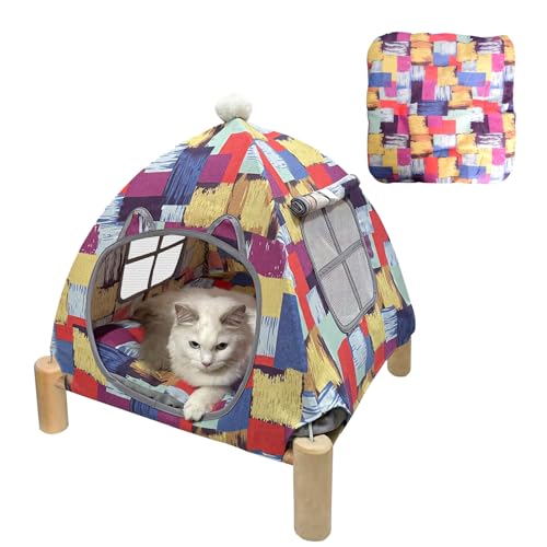 Portable Cat Tent Bed – Lightweight Foldable Cat House with Soft Washable Cushion, Warm Enclosed Cave for Kittens, Indoor Cats & Small Dogs - color: Colorful Blocks Tent