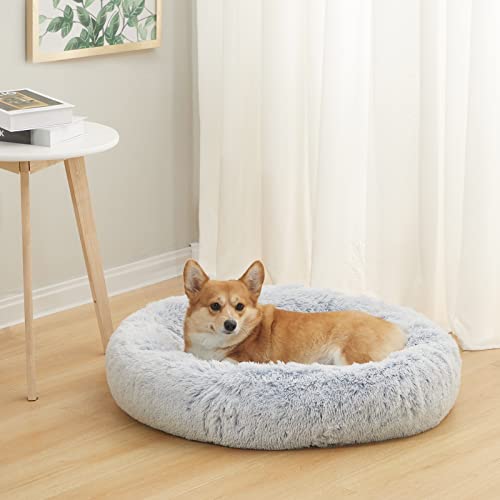 Bedfolks Calming Donut Dog Bed, 30 Inches Round Fluffy Dog Beds for Medium Dogs, Anti-Anxiety Plush Dog Bed, Machine Washable Pet Bed (Light Blue, Medium) - color: Light Blue, size: 30.0"L x 30.0"W x 8.0"Th