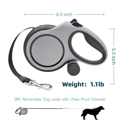 26ft Retractable Dog Leash for Large Dogs with Poop Bag Holder,Heavy Duty Retractable Dog Leash with Chew Proof Extender,One-Hand Lock System,Impact-Resistant,Up to 110 lbs (Grey) - color: Grey