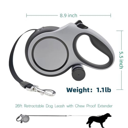 26ft Retractable Dog Leash for Large Dogs with Poop Bag Holder,Heavy Duty Retractable Dog Leash with Chew Proof Extender,One-Hand Lock System,Impact-Resistant,Up to 110 lbs (Grey) - color: Grey