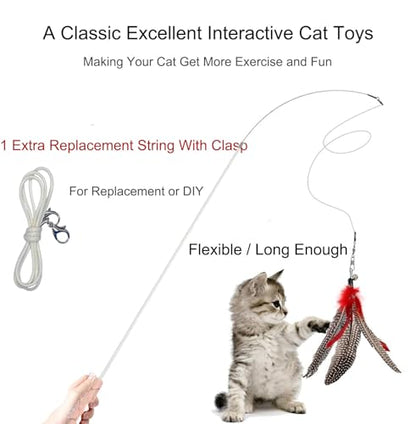 Cat Teaser Wand Set for Indoor Cats (13 Pack) - Retractable with Feather Refills, Interactive Toy to Boost Exercise & Relieve Boredom